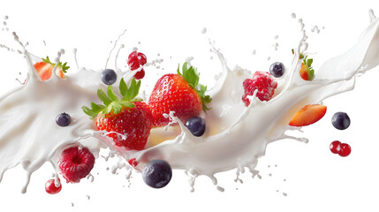 Fresh red strawberries blueberries and raspberries splashing dynamically in white milk