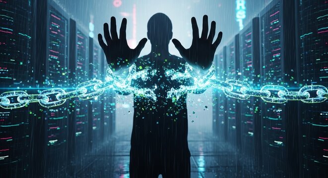 Silhouette of a man with digital chains breaking apart in a data center. Concept of digital freedom, data privacy protection, and breaking free from digital slavery.