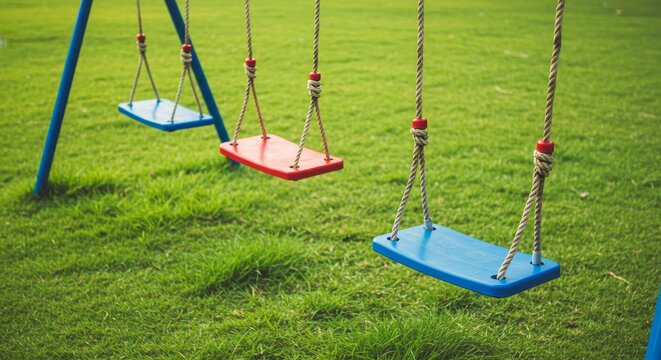 Colorful empty swing set on a vibrant green lawn for children's outdoor play. Perfect for summer fun and park recreation.