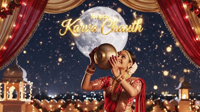 Happy Karva Chauth Celebration Indian Woman Offering Water to Moon