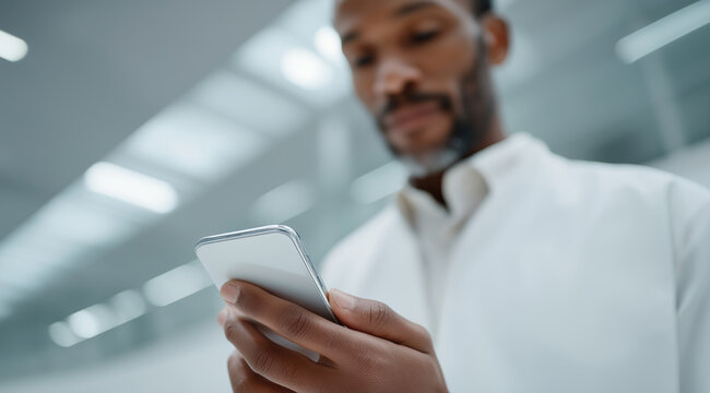 Professional healthcare executive in white coat examines smartphone with focused attention.