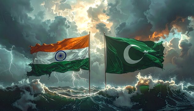 Flags of two nations wave amid stormy ocean and dramatic sky