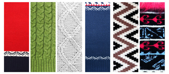 Set of horizontal or vertical banners with wool sweater texture of light brown, dark brow, red, white color with geometric pattern. Collection of natural knitted wool material with decorative ornament