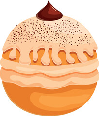 Round donut dripping with icing and chocolate topping, making a tempting treat for breakfast or dessert