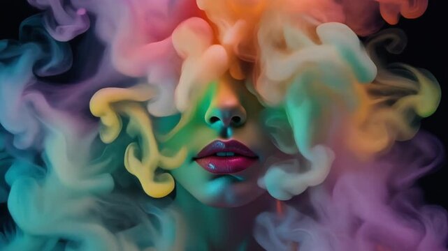 Surreal Female Portrait: Abstract Colorful Smoke Clouds Hiding the Face