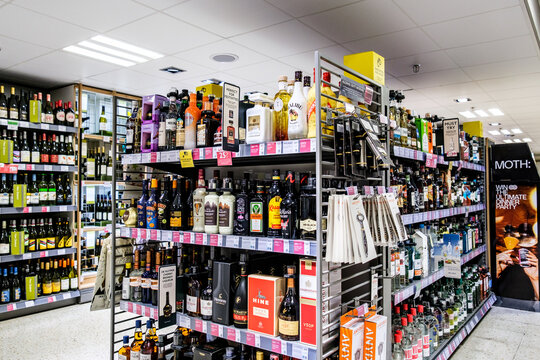 Supermarket Selection Of Red Wines Spirits and Liqueurs Alcoholic Drinks