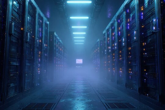 Futuristic Data Center with Blue Lights and Fog Atmosphere, High Tech Environment