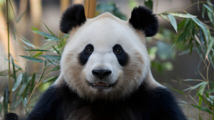 Fototapeta premium A closeup portrait of a majestic giant panda with its distinctive black and white fur, looking directly at the camera amidst a natural bamboo forest habitat
