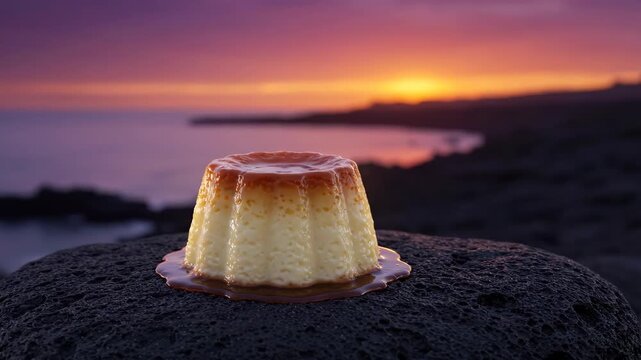 A delicious Cape Verdean Pudim de Leite, a sweet milk pudding with caramel sauce, sits on a volcanic rock against a tranquil ocean sunset