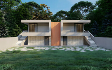 Modern twin houses with balconies and stairs surrounded by trees modern architecture