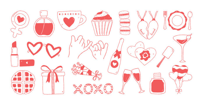 Cute Galentine's Day Doodle Set with Red Hand Drawn Party Icons