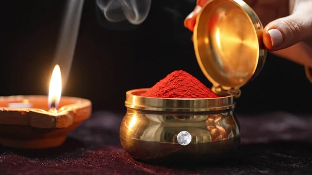 Woman's hand opens traditional Sindoor box next to a glowing diya during ritual