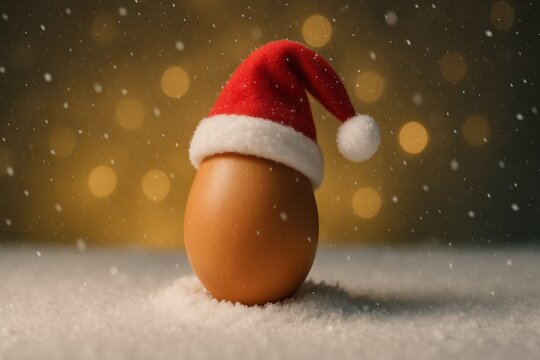 Festive egg wearing Christmas hat stands out against snowy background with soft bokeh lights creating warm atmosphere