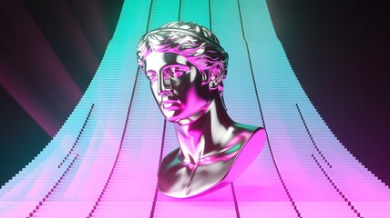 Shiny bust on pixelated platform in neon lighting