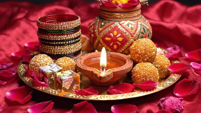 Karva Chauth Puja Thali Arrangement Traditional Indian Festival Items