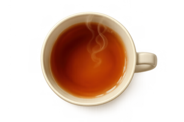 Hot tea in a white ceramic mug, with steam rising from the liquid, offering warmth and comfort. Top view isolated on transparent background