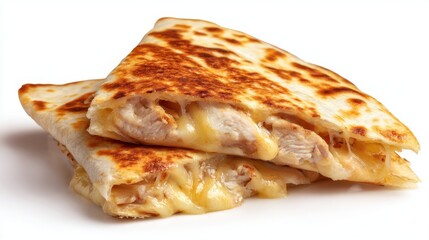 Golden Brown Chicken and Cheese Quesadilla Slices Melted Cheese Filling on White Background Studio Shot