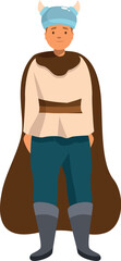 Cartoon illustration of a viking warrior wearing traditional clothes, helmet with horns and cape, standing with hands in pockets