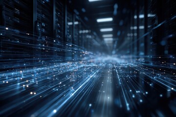 Futuristic Data Stream in High-Tech Server Room with Glowing Light Effects