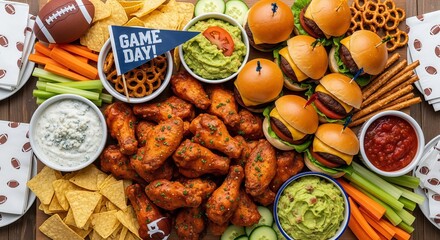 Game Day Party Food Spread with Buffalo Wings, Sliders, and Snacks