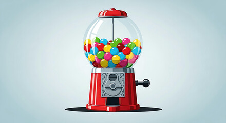 Colorful gumball machine with vibrant candies on blue background