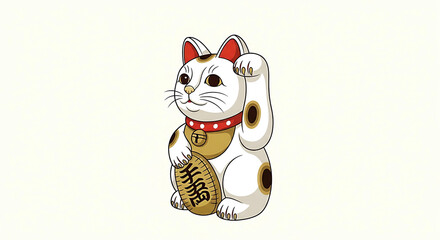 Maneki Neko Lucky Cat with Raised Paw on White Background