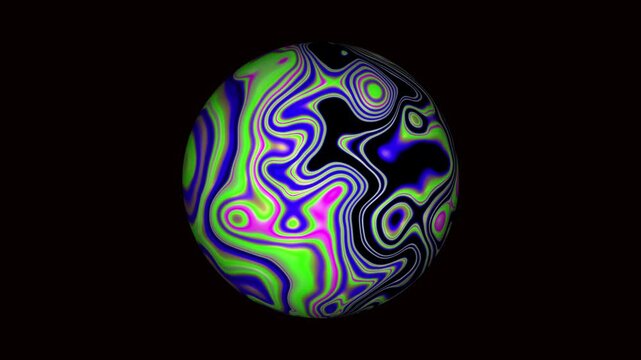 Neon fluid-motion sphere with green, blue, and purple waves forming organic patterns.