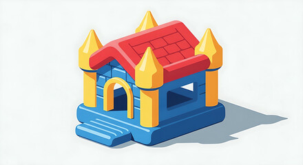 Colorful Isometric Bouncy Castle Illustration with Shadow on White Background