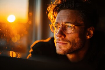 Thoughtful man gazing into sunset, warm glow illuminating face and eyes