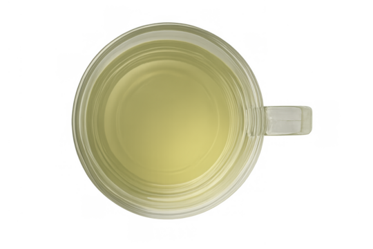 Green tea in glass mug seen from above, hot healthy drink for wellness and detox on transparent background