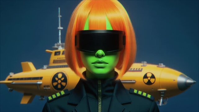 Cinematic 3D Animation of a Futuristic Green-Skinned Female Pilot with Orange Hair Standing in Front of a Yellow Nuclear Submarine