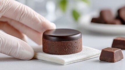 Close-up of a Chocolate Dessert Piece Held by Hand on a White Linen Napkin, Studio Food Photography.