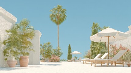 Luxurious Mediterranean Villa Poolscape: Relaxing Outdoor Lounge with Palm Trees and Coastal Views