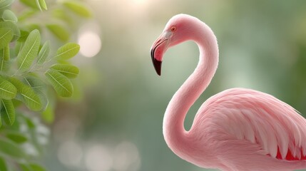 Elegant Pink Flamingo Close-up Portrait, Detailed Feather Texture, Graceful Bird Standing in Lush Greenery, Natural Habitat.