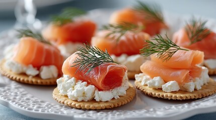 Elegant Smoked Salmon Appetizers on Rye Crackers with Cream Cheese and Dill, Close-Up Food Photography