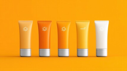 Four identical cosmetic tubes arranged in a row on a bright orange background, product display, beauty product presentation, skincare items, commercial use.