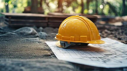 An image of construction helmet resting on blueprints amid an outdoor construction environment