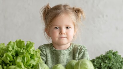 Thoughtful toddler girl with pensive expression, wearing a knitted sweater, portrait of a child, indoor studio shot.