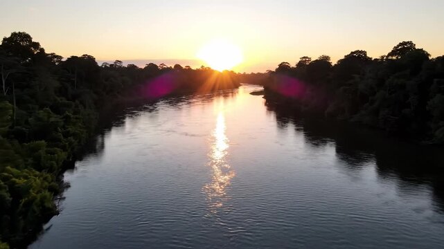 A bright sunset reflects beautifully on the calm river, surrounded by lush greenery along the banks. The serene river creates a peaceful atmosphere, inviting nature's tranquility.