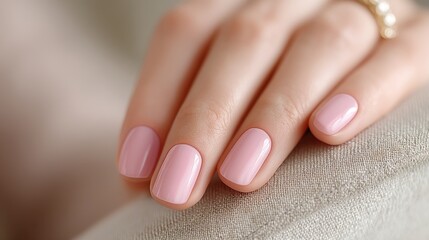 Close-up of manicured female hands with nude nail polish, displaying elegant beauty and wellness, perfect for lifestyle and beauty concepts.