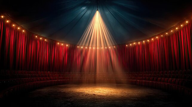 Inside circus tent with circle seats and spotlight concept. An illuminated stage with red curtains and dramatic lighting.