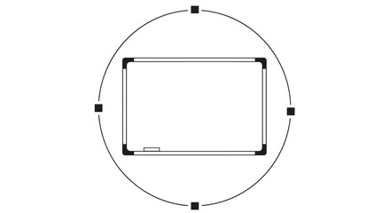 A whiteboard with a small eraser sits centrally within a circular frame with markers.