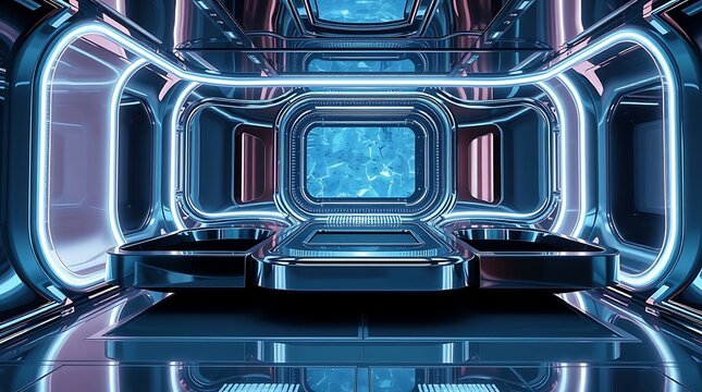 A photorealistic rendering of groundbreaking technology, emphasizing polished chrome surfaces and subtle holographic projections with a minimalist aesthetic