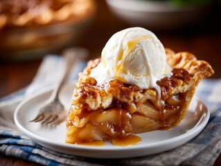 Pear pie slice with vanilla ice cream
