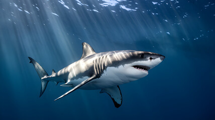 Obraz premium A powerful great white shark swims gracefully in the deep blue ocean, with sun rays piercing the water, highlighting its formidable presence and natural beauty