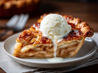 Pear pie slice with vanilla ice cream