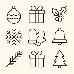A clean, minimalist grid of Christmas icons including ornaments, gifts, holly, snowflake, mittens, bell, pine branch, and Christmas tree for festive design projects.
