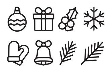 Minimalist line-art Christmas icon set featuring ornaments, gifts, holly, snowflakes, mittens, bells, and pine branches. Perfect for festive decorations, greeting cards, and holiday design projects.