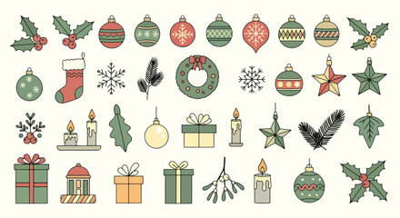 A colorful array of Christmas ornaments, wreaths, holly, candles, gifts, stars, and festive foliage. Perfect for holiday imagery, seasonal design, and winter celebrations.