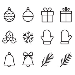 Holiday Icons Set: Christmas Ornaments, Gifts, Mittens, Bells, and Pine Branches